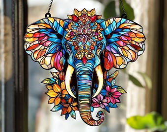 花柄の象のアクリル製サンキャッチャー、ボヘミアン風の窓飾り、動物モチーフの装飾品