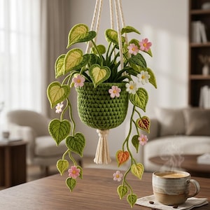 Può includere: Una fioriera sospesa all'uncinetto verde con una pianta ricadente con foglie a forma di cuore e piccoli fiori rosa e bianchi. La fioriera è sospesa da una corda color crema. Una tazza di caffè è su un tavolo di legno.