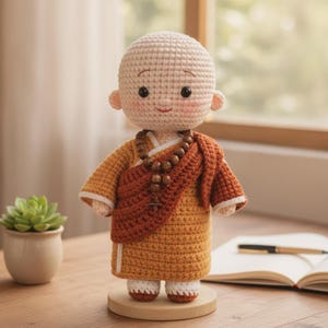 Könnte beinhalten: Handgefertigte Häkelpuppe eines buddhistischen Mönchs. Die Puppe hat einen kahlen Kopf, ein lächelndes Gesicht und trägt ein gelb-braunes Gewand mit einer Perlenkette. Sie steht auf einem Holzsockel. Links ist eine kleine Sukkulentenpflanze im Topf.