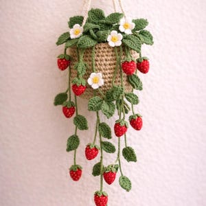 Può includere: Un cestino sospeso all'uncinetto fatto a mano con un design a pianta di fragole. Il cestino è beige, con foglie verdi, fiori bianchi e fragole rosse. La pianta pende dal cestino, creando un pezzo decorativo.