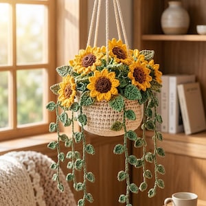 May include: A crocheted hanging plant featuring bright yellow sunflowers with dark brown centers, green leaves, and long trailing vines. The plant is contained in a cream-colored crocheted basket suspended by thick white cords from a central point.