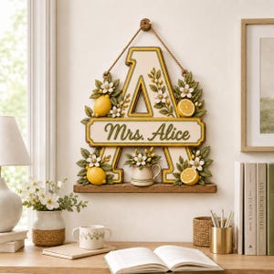 Personalized Lemon Teacher Door Sign, Custom Monogram Classroom Sign, Wooden Initial Teacher Name Plaque, Citrus Classroom Decor