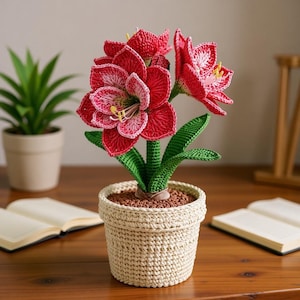 Puede incluir: Una planta de amarilis tejida a ganchillo con flores rojas y rosas vibrantes, hojas verdes y una maceta beige. La planta hecha a mano está sobre una superficie de madera, con un libro abierto y una pequeña planta en maceta en el fondo.