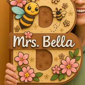 Custom Teacher  Door Sign|Personalized Wooden Bee Sign For Teacher|Custom Name  Decor With Flowers|Custom Teacher Door Sign With Bee Theme