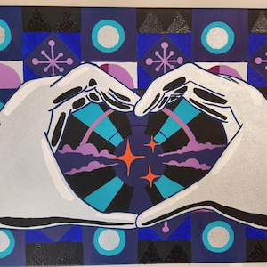 Acrílico original sobre lienzo "El espacio entre" con carta de autenticidad geométrico retro futurismo espacio amor robot corazón manos