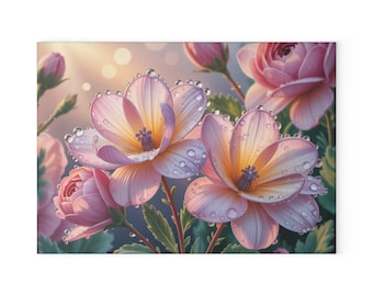 Tabla de cortar de vidrio con diseño floral rosa y húmedo / Decoración de cocina con flores en forma de gota de agua