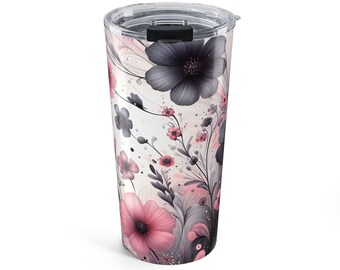 Vaso floral rosa y gris de 20 oz / Taza de viaje con flores de acuarela