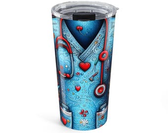Estetoscopio de enfermera con diseño de corazones / Taza de viaje de 20 oz con diseño médico