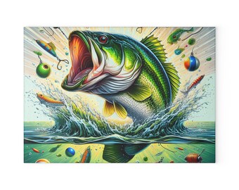 Ilustración de lubina saltando en tabla de cortar de vidrio / Señuelos de pesca, Arte de pesca deportiva