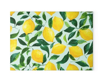 Tabla de cortar de vidrio con estampado de limón y acuarela / Decoración de cocina cítrica
