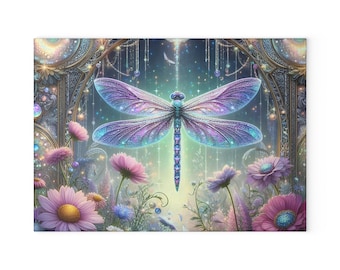 Tabla de cortar de vidrio con diseño de libélula iridiscente / Arte floral para jardín de hadas