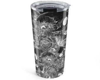 Vaso de calavera floral negra de 20 oz / Diseño de esqueleto de rosa gótica