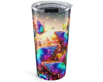 Vaso de viaje de acero inoxidable de 20 oz con diseño de mariposas arcoíris vibrantes