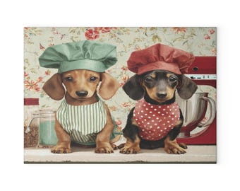 Tabla de cortar de vidrio templado para chefs Dachshund / Arte de cocina con diseño de perro salchicha