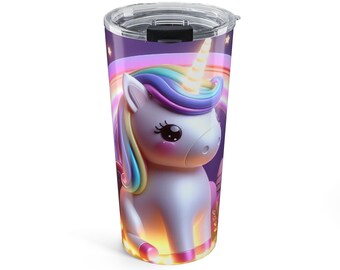 Vaso de viaje de acero inoxidable de 20 oz con diseño de unicornio arcoíris y paisaje nocturno