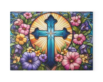 Tabla de cortar de vidrio con forma de cruz de vitral / Decoración floral cristiana para cocina