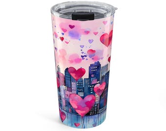 Vaso de viaje de acero inoxidable con diseño de ciudad en forma de corazón de 20 oz con corazones rosas