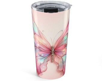 Vaso de viaje con diseño de mariposa de acuarela rosa de 20 oz