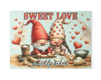 Tabla de cortar de vidrio con diseño de pareja de gnomos de amor dulce / Decoración de cocina para hornear de San Valentín