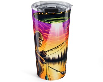Vaso de 20 oz con diseño de pescador abducido por un ovni / Vaso de camping con diseño de abducción extraterrestre