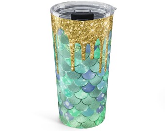 Vaso con escamas de sirena y goteo dorado de 20 oz / Espuma de mar con purpurina Aqua