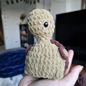 Pode incluir: Um brinquedo de pelúcia de tartaruga de crochê com uma concha marrom e um olho preto. A tartaruga está sendo segurada na mão de uma pessoa.