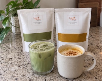 Tea Latte Gift Set, Herbal Mix 2-Pack, Matcha Golden Milk Masala Chai, Turmeric Cacao Pumpkin Spice, Dairy Free Monk Fruit, Wellness Bundle