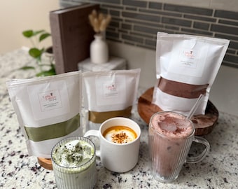 Latte Mix Gift Box, Matcha Turmeric Tea Set, Dairy Free Self Care Treat, Golden Milk Masala Chai, Monk Fruit Sweetened, No Sugar Added Kit