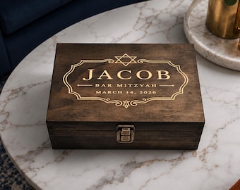 Personalized Bar Mitzvah Engraved Wooden Keepsake Box | Jewish Memory Chest Gift for Boys