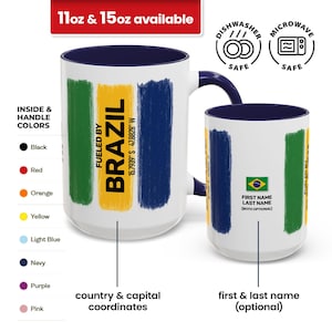 Brazil COFFEE MUG, Custom Coordinates and Name, Color Accent Cup, Brazilian Sports Fan Gift, Personalized Country Pride Mug