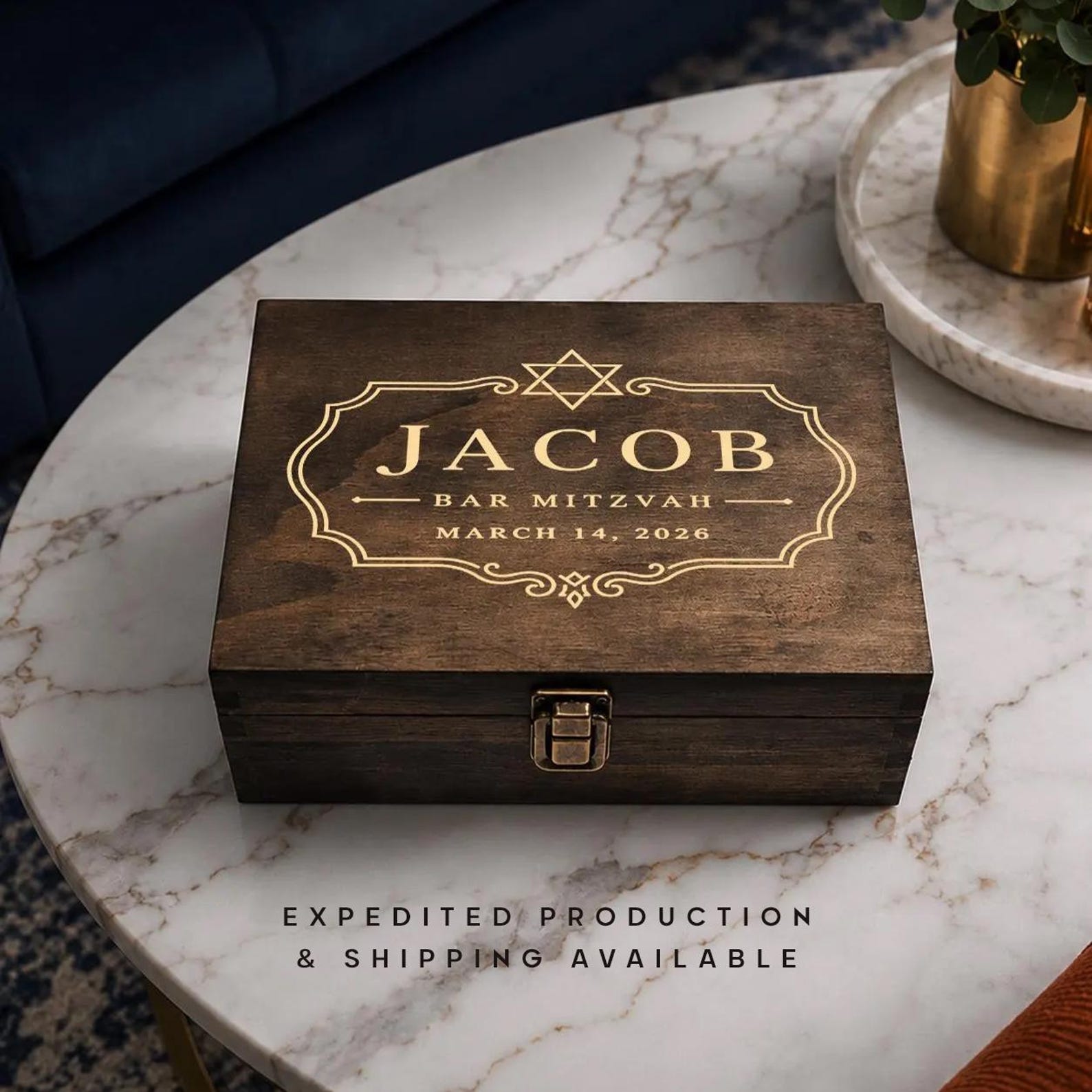 Personalized Bar Mitzvah Engraved Wooden Keepsake Box | Jewish Memory Chest Gift for Boys | Vintage Rustic