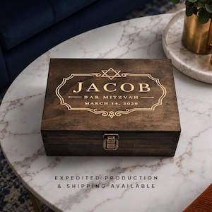 Personalized Bar Mitzvah Engraved Wooden Keepsake Box | Jewish Memory Chest Gift for Boys | Vintage Rustic