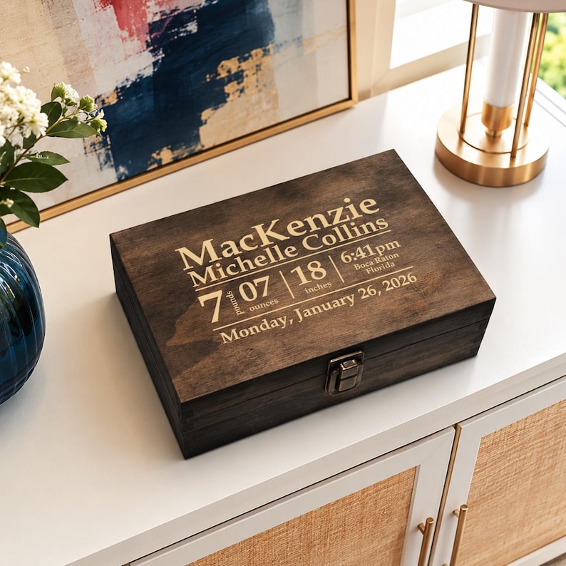 Personalized Engraved Wooden Baby Keepsake Box | Custom Newborn Memory ...