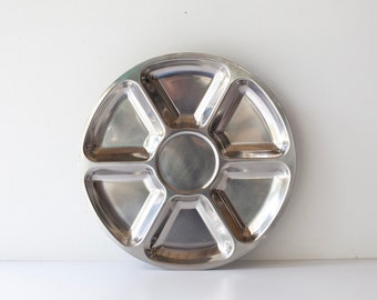 Vintage Mid Century Modern Lundtofte Denmark Stainless Steel Divided Tray - Lazy Susan