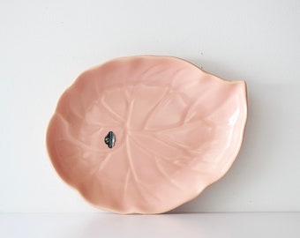 Vintage Mid Century Hollywood Ware Pink Pottery Leaf Tray - California Pottery Dish