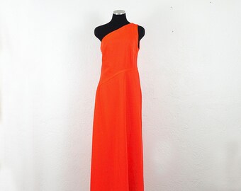 Vintage 1970s Neon Red Asymmetrical Shoulder Long Dress - Disco