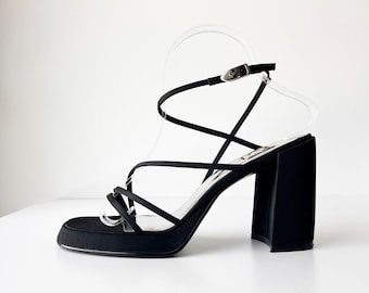 Vintage 1990s 9&Co. Black Satin Chunky Block Heel Sandals