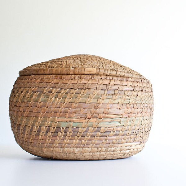Vintage Rustic Coiled Woven Lidded Basket