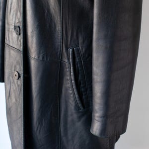 May include: A close-up of a navy blue leather coat. The coat features a button-down front, a pocket, and a long sleeve. The leather has a subtle sheen. The coat appears to be in good condition.