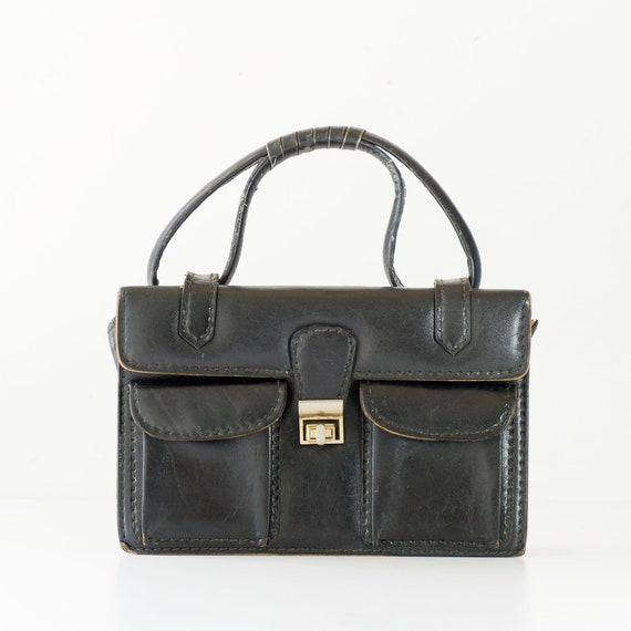 Vintage Italian Black Leather Handbag - image 1