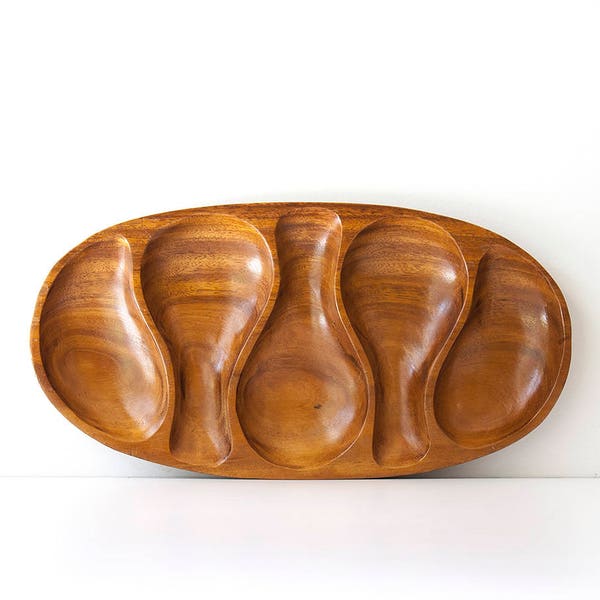 Vintage Hand Carved Mid Century Monkeypod Divided Tray - Philippines