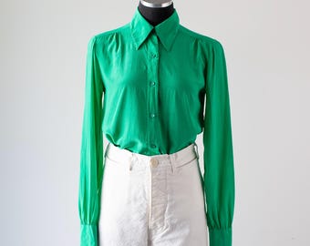 Vintage 1960s Scali Paris France Green Silk Blouse