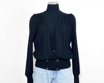 Vintage 1970s Bishop Puff Sleeve Black Cardigan Sweater