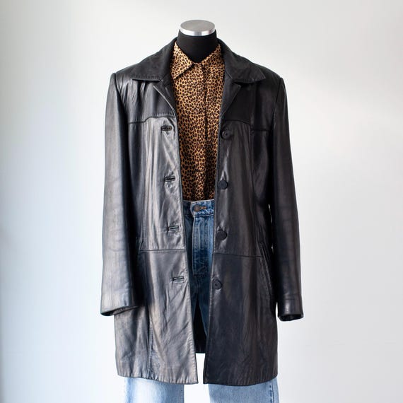 Vintage 1990s Black Soft Leather Mid Length Coat - Button Up Jacket