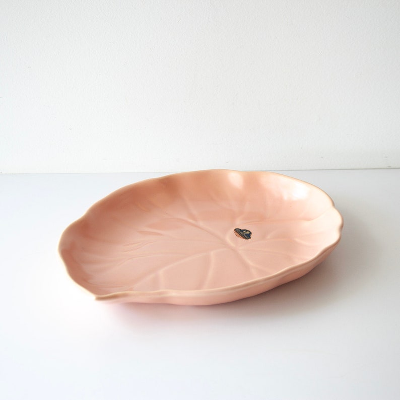 Vintage Mid Century Hollywood Ware Pink Pottery Leaf Tray California Pottery Dish image 2