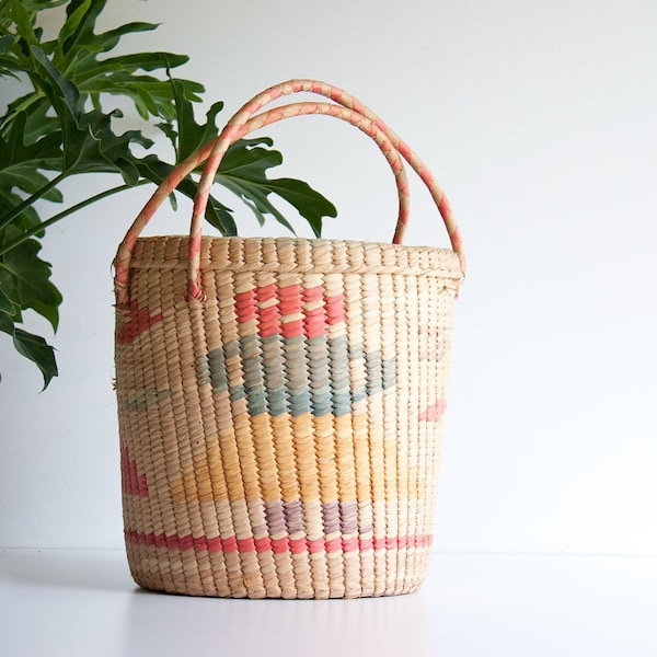 Vintage Colorful Woven Lidded Basket
