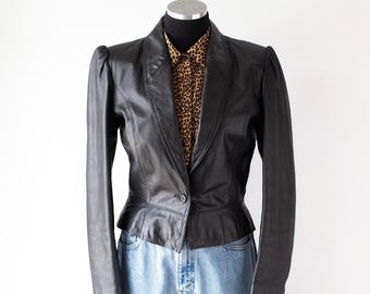 Vintage 1980s Black Leather Fitted Blazer - Jacket