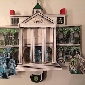 May include: A white, three-story haunted house with green ivy, a clock face, and a pendulum. The house has a red roof and a green steeple. There are ghosts and a dog in front of the house.