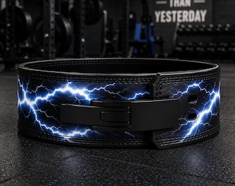 Lightning Print Leather Belt, Lever Buckle Power lifting Support, Electric Gym Training Gear.