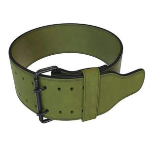 May include: Olive green weightlifting belt with a black metal buckle and adjustment holes. The belt is made of a thick, durable material and is designed to provide support during heavy lifting exercises. The belt is approximately 10 cm wide.